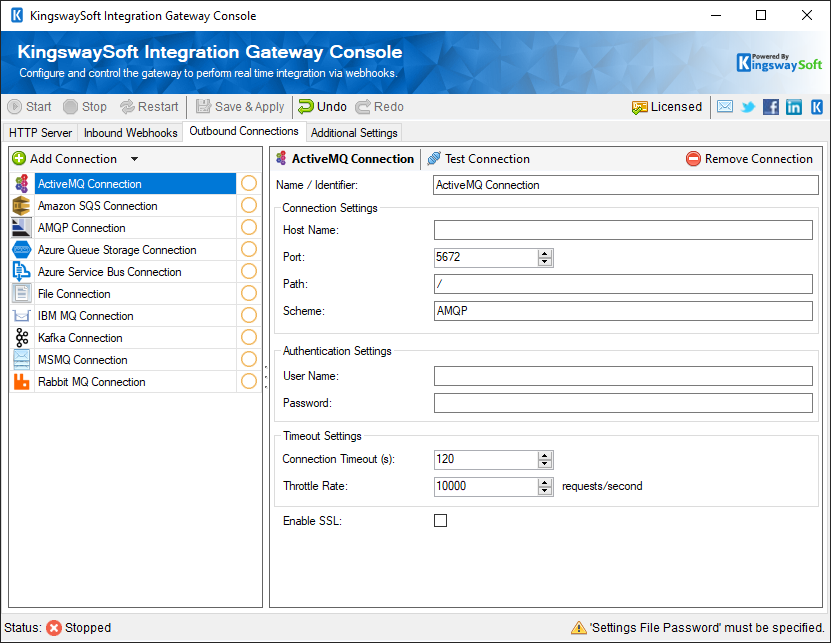 KingswaySoft Integration Gateway Console - Outbound Connections